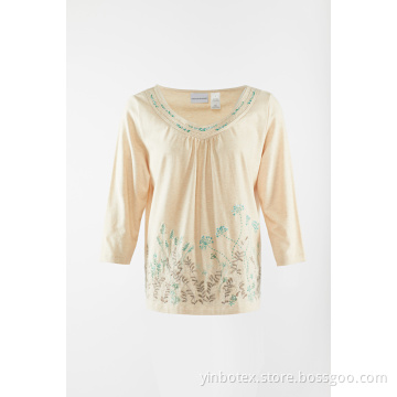 Bomull 3/4 ärm med broderi T-shirt